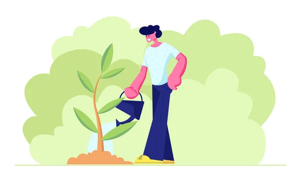 Happy teenager, mladý muž postava zelený zelenáč v zahradě s vodou CAN. životní cyklus, časová linie a růstová metafora, zahradnické hobby, péče o rostliny. Kreslený plochý vektor – ilustrace — Stockový vektor