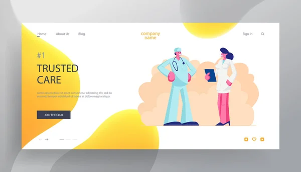 Geneeskunde beroep website landing page, arts in medische gewaad met stethoscoop spreken met verpleegkundige in kliniek, ziekenhuis gezondheidswerkers op het werk, webpagina. Cartoon platte vector illustratie, banner — Stockvector