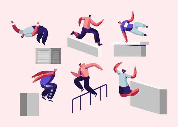 Parkour in City. Young Men Jumping Over Walls and Barriers, Urban Sports, Active Lifestyle, Sport Activity. Teenagers Tricks on Street, Free Runner Training Outdoors, Cartoon Flat Vector Illustration