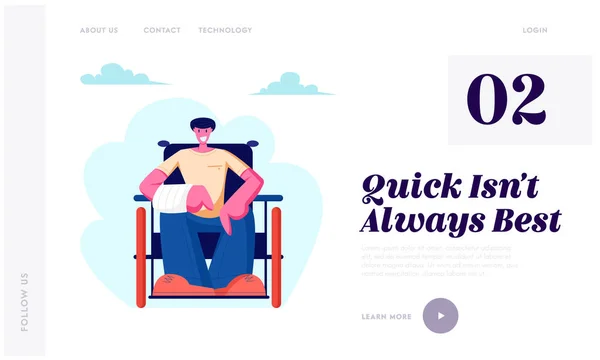 Cheerful Disabled Man with Broken Hand Sitting on Wheelchair Walking Outdoor, Motivation, Pessoa Deficiente Gozando de Vida Cheia Site Landing Page, Web Page. Desenhos animados Flat Vector Ilustração, Banner — Vetor de Stock