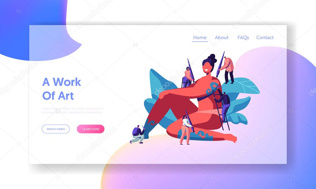 Body Design, Website Landing Page, Tiny Characters with Paint Brushes Drawing on Body of Huge Naked Woman Sitting on Floor, Bodyart Painting Concept, Web Page. Cartoon Flat Vector Illustration, Banner