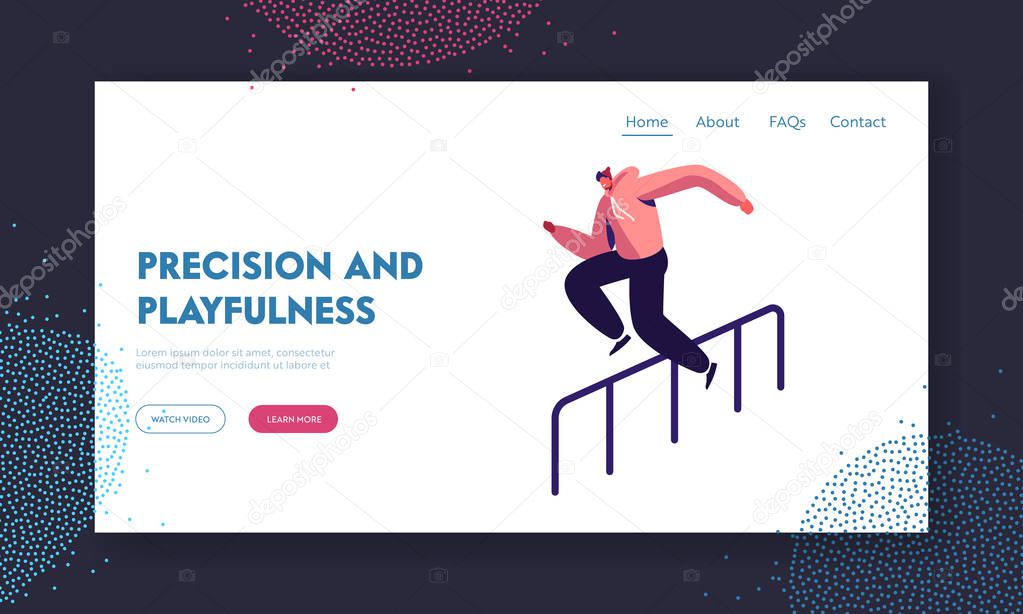 Parkour in City Website Landing Page. Young Man Jumping Over Barrier on Street, Urban Sport, Teenager Active Lifestyle, Sport Outdoors Activity Web Page. Cartoon Flat Vector Illustration, Banner