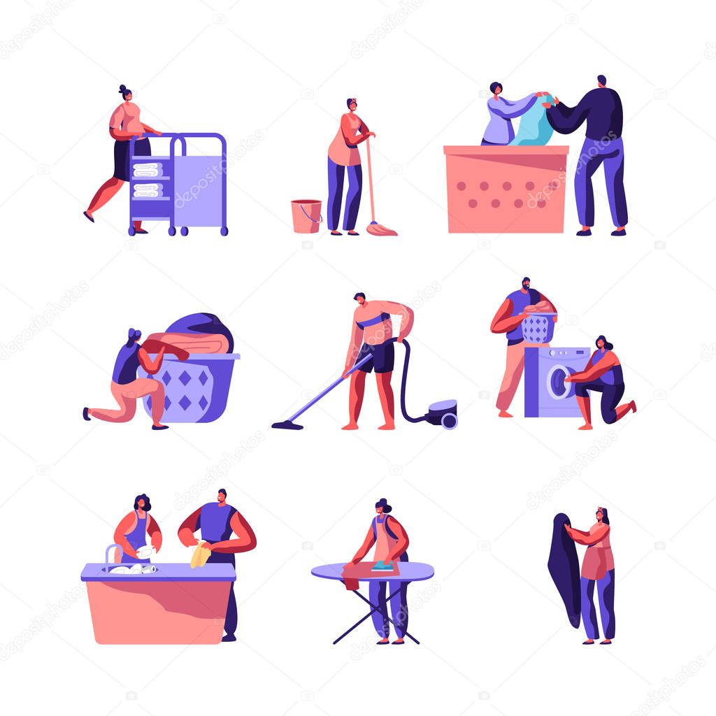 Laundry and Home Cleaning Set. Male and Female Characters Loading Dirty Clothes to Washing Machine, Ironing, Rolling Cart with Clean Dresses in Launderette, Service. Cartoon Flat Vector Illustration