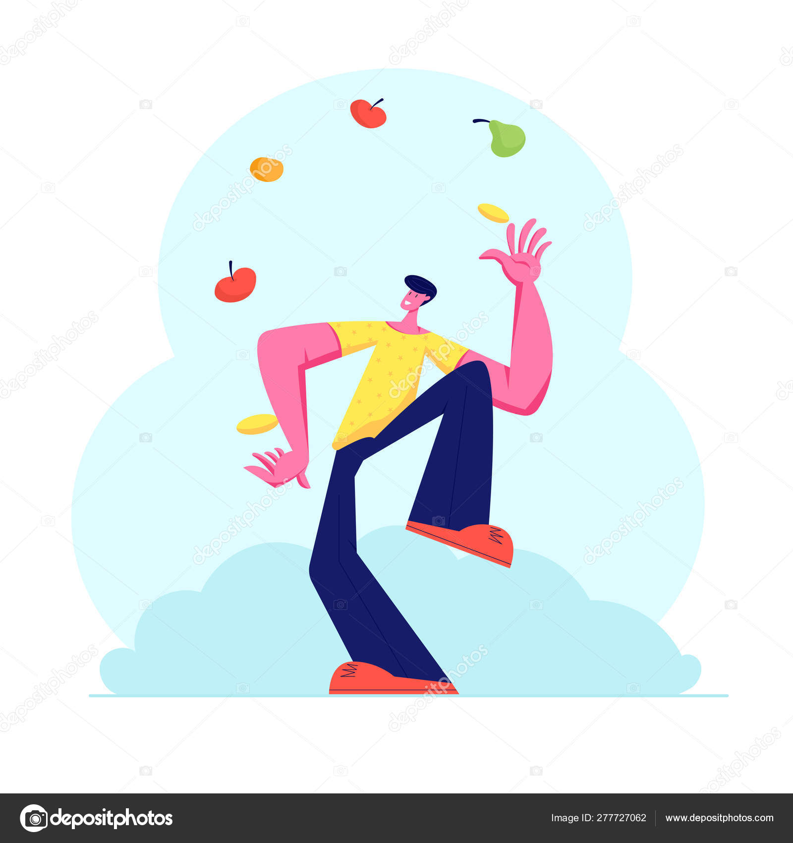 Man Juggling with Different Fruits and Vegetables. Juggler Male