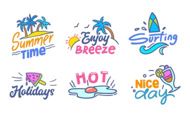 Doodle Elemanları Seti ile Renkli Tipografi, Yaz Saati, Enjoy Breeze, Sörf, Tatil, Sıcak, Nice Day Clip Art Çizim Tebrik Kartı, Afiş, Afiş, T-shirt Tasarım Karikatür Vektör İllüstrasyon