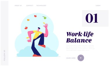 Adam Farklı Meyve ve Sebzeler ile Hokkabazlık. Juggler Sağlıklı Vejetaryen Ürünler, Vitaminler, Eko Gıda, Sağlık Web Sitesi Açılış Sayfası, Web Sayfası Kadar Atma. Karikatür Düz Vektör İllüstrasyon, Afiş