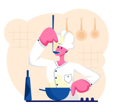 Beyaz Üniformalı Man Chef ve Mutfak Kepçe ile Kap Tatma Lezzetli Çorba. Profesyonel Tencere Yemek Hazırlamak, Erkek Karakter Pişirme, Restoran Personeli, Hospitality Karikatür Düz Vektör İllüstrasyon