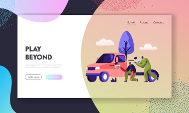 Dinamik Paintball Savaşı. Oyuncular Çekim Marker Gun ile Maske Araba Arkasında Oturun, Koruyucu Üniforma Dış Mekan Hobi Web Sitesi Açılış Sayfası, Web Sayfası Takım. Karikatür Düz Vektör İllüstrasyon, Afiş