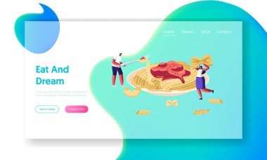 Karakterler Büyük Plaka dan Soslu Spagetti Makarna Yeme, Kuru Makarna etrafında. İtalyan Mutfağı, Sağlıklı Yemek Menüsü, Web Sitesi Açılış Sayfası, Web Sayfası. Karikatür Düz Vektör İllüstrasyon, Afiş