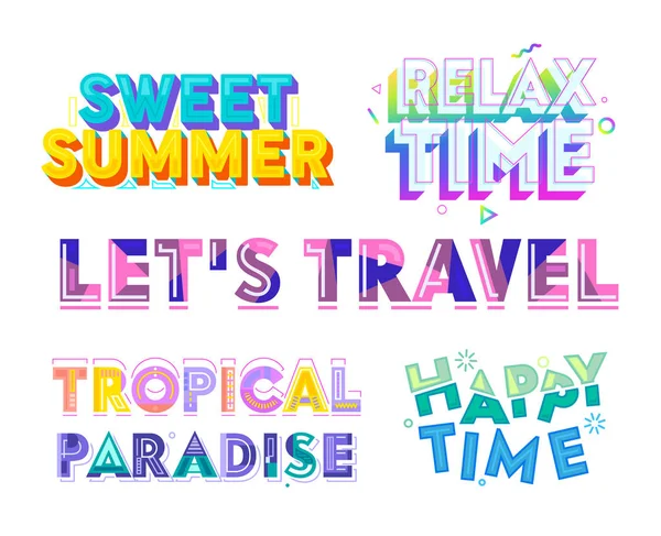 Renkli Tipografi Seti, Tatlı Yaz, Relax, Happy Time, Tropikal Cennet, Lets Travel. Tebrik Kartı, Afiş, Afiş ve T-shirt Tasarımı için Küçük Resim. Yazı, Alıntı Karikatür Vektör İllüstrasyon