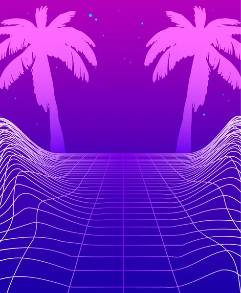 Synthwave banner met neon gloeiende grid, futuristische achtergrond met Palm bomen. Club partij poster sjabloon cyberpunk flyer ontwerp. Retro futurisme funky decoratie, spelomgeving vector illustratie — Stockvector