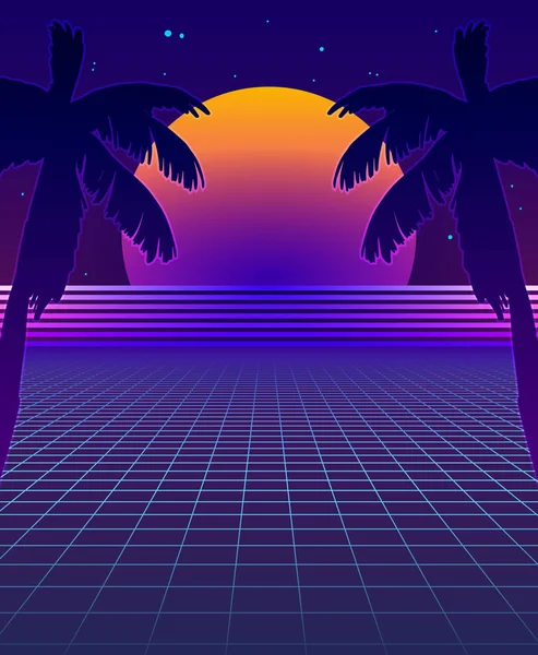 Abstraktní synthwave pozadí s Neónou zářící mřížkou, futuristické pozadí v retro stylu s palmami a úplněk. Šablona titulní strany klubu, Kyberpunový leták funky design. Vektorová ilustrace — Stockový vektor