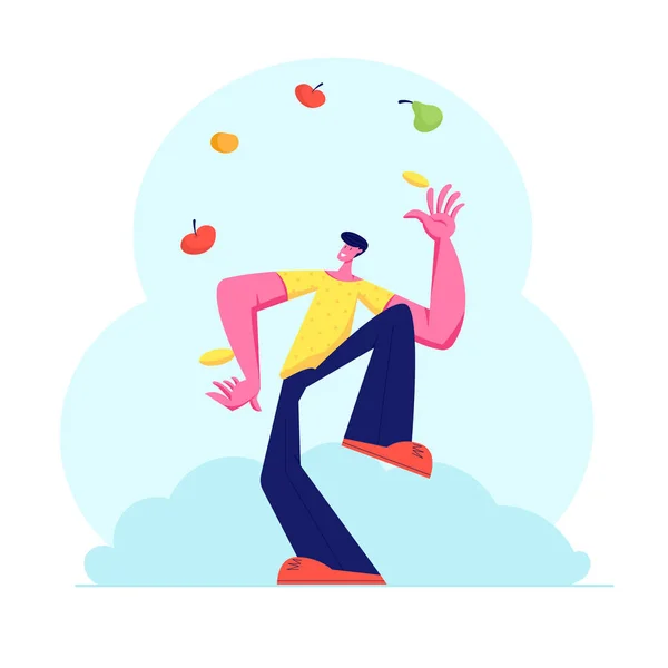 Żonglerka człowieka z różnych owoców i warzyw. Juggler męski charakter rzucanie się zdrowe produkty wegetariańskie, witaminy, ekologiczne żywności dieta ludzkie zdrowie i opieka zdrowotna kreskówka wektor płaski — Wektor stockowy