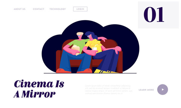 Young Couple Watch Movie in Cinema with Popcorn and Beverages in 3d Glasses Sitting on Couch on Weekend. Love, Leisure, Day Off Website Landing Page, Web Page. Cartoon Flat Vector Illustration, Banner