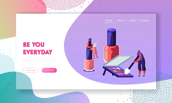 Woman sit on Huge Nail Polish Bottle Reading Fashion Magazine, Girl Trying Palette in Beauty Salon Staff, Makeup Cosmetics Class Website Landing Page, Web Page Cartoon Flat Vector Illustration, Banner — стоковий вектор