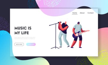 Rock Band Sahnede Performans. Elektrik Gitarist ve Şarkıcı Müzik Konseri veren. Rocking Outfit Erkek Sanatçılar, Music Show. Web Sitesi Açılış Sayfası, Web Sayfası. Karikatür Düz Vektör İllüstrasyon, Afiş