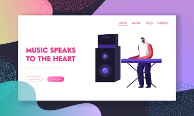 Müzisyen Sahnede Performans Elektrikli Piyano veya Synthesizer Huge Dynamic ile. Müzikal Show Konser Web Sitesi Açılış Sayfası, Web Sayfası Playing Man Sanatçı. Karikatür Düz Vektör İllüstrasyon, Afiş