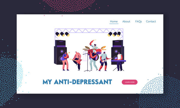 Men Artists Playing with Musical Instruments, Rock Band Performing on Stage. Electric Guitarists, Drummer, Singer, Trumpeter Website Landing Page, Web Page. Cartoon Flat Vector Illustration, Banner