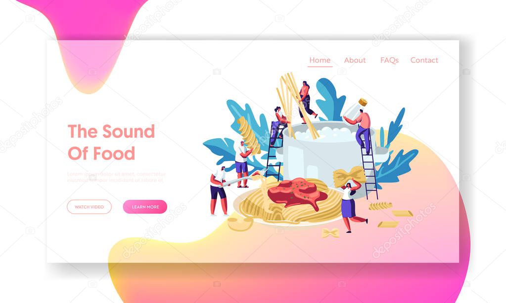 Male and Female Characters Cooking Pasta, Putting Spaghetti and Dry Macaroni of Various Kinds in Huge Pan with Boiling Water Website Landing Page, Web Page. Cartoon Flat Vector Illustration, Banner