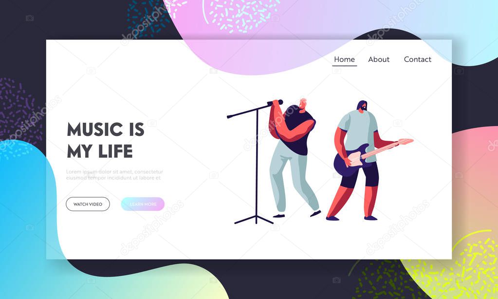 Rock Band Performing on Stage. Electric Guitarist and Singer Giving Music Concert. Men Artists in Rocking Outfit, Music Show. Website Landing Page, Web Page. Cartoon Flat Vector Illustration, Banner