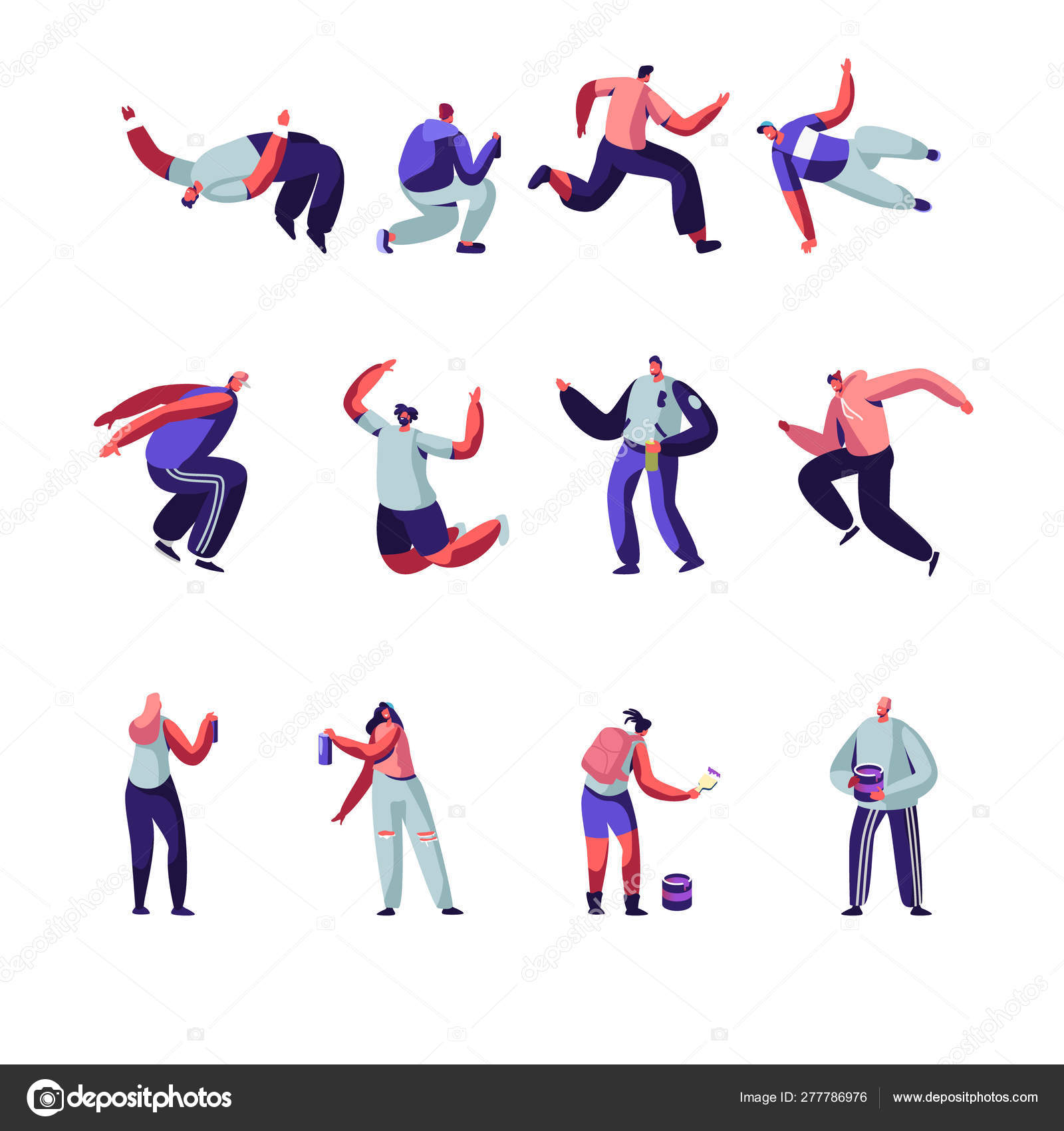 Parkour And Graffiti Characters Set Youth City Culture Urban Lifestyle Men Jumping Over Barriers Street Artist Teenagers Paint Graffiti On Walls Outdoors Activity Cartoon Flat Vector Illustration Vector Image By C