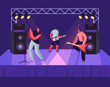 Rock Band Performing Musical Concert on Stage. Electric Guitarists and Singer Stand near Huge Dynamic on Scene, Artists Playing Music Show, Entertainment, Nightlife. Cartoon Flat Vector Illustration clipart