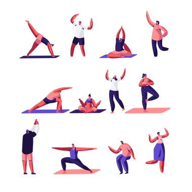 Erkek ve Kadın Karakterler Spor Aktiviteleri Seti. İnsanlar Spor yapıyor, Yoga Egzersiz, Fitness, Farklı Pozlar Egzersiz, Germe, Sağlıklı Yaşam Tarzı, Eğlence. Karikatür Düz Vektör İllüstrasyon