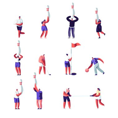 Golf, Bowling Erkek ve Kadın Karakterler Seti. Spor Oyun Ekipmanları, Spor Rekreasyon, Rekabet, Eğlence, Aktif Yaşam Tarzı ile Spor Üniforma Erkek ve Kadın. Karikatür Düz Vektör İllüstrasyon
