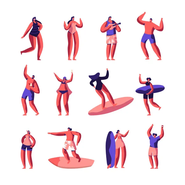 Серфінг і пляжна вечірка Чоловічі персонажі набір. Чоловіки і жінки в купальниках Їзда на дошках для серфінгу, Пиття коктейлів. Літній відпочинок, відпочинок, спортивна активність. Мультфільм плоский Векторні ілюстрації — стоковий вектор