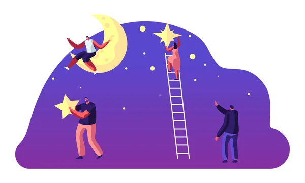 Astronomie wetenschap, man zittend op de maan, personages op ladders zetten sterren op nachtelijke hemel, mensen studeren ruimte, Cosmos exploratie, wetenschappelijk onderzoek, onderwijs, cartoon platte vector illustratie — Stockvector