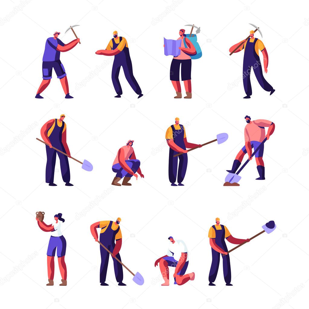 Archeologists and Road Repair Workers Set, Paleontology Scientists with Shovels and Pickaxe Working on Excavations or Digging Soil Layers Exploring Artifacts, Studying Cartoon Flat Vector Illustration