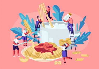 Erkek ve kadın karakterler makarna pişirme, çeşitli spagetti ve kuru makarna koyarak, Fusilli, Conchiglio, rigatoni, farfalle, büyük Pan içinde kaynar su karikatür düz vektör Illustration