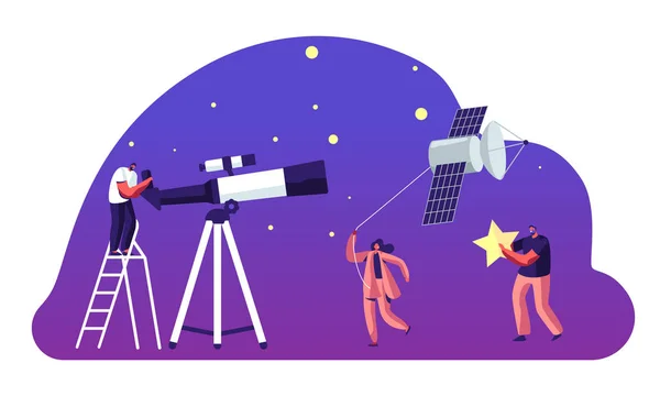 天文学、望遠鏡で宇宙を見るキャラクター、女性プルスプートニクを凧として、研究、コスモス探査、科学的調査、教育、漫画フラットベクトルイラスト、バナー — ストックベクタ