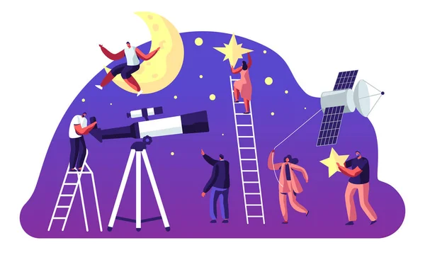 Astronomy Science, Hombre Personajes femeninos Observando la Luna y las Estrellas en el Telescopio, Estudiando el Espacio, Exploración del Cosmos, Sputnik, Investigación Científica, Educación, Dibujos Animados Ilustración de Vectores Planos — Vector de stock