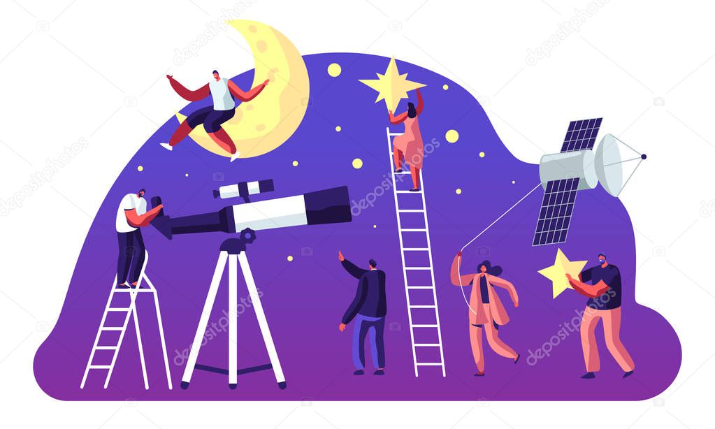 Astronomy Science, Male Female Characters Watching on Moon and Stars at Telescope, Studying Space, Cosmos Exploration , Sputnik, Scientific Investigation, Education, Cartoon Flat Vector Illustration