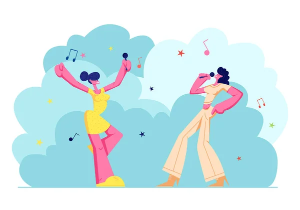 Opgewonden jonge meisjes bedrijf met microfoons uitvoeren op karaoke party. Gelukkige vrouwelijke personages vrolijk zingen, muziek, gelukkige leven momenten, weekend vrijetijdsbesteding hobby. Cartoon platte vector illustratie — Stockvector