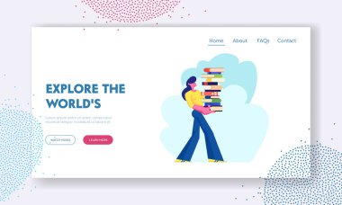 Kadın Athenaeum veya Arşiv, Edebiyat Depolama Kamu veya Ev Kütüphanesi Öğrenci Kitaplık Kitaplık Için Kitap Büyük Yığın Carry. Web Sitesi Açılış Sayfası, Web Sayfası. Karikatür Düz Vektör İllüstrasyon, Afiş