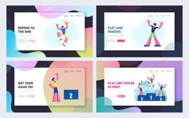 Madalya ve Kupa Web Sitesi Açılış Sayfa Seti ile Kazananlar Podyumda Mutlu Sporcular. Sporcular Win Kaide Kutlama Spor Zafer Başarı, Web Sayfası standı. Karikatür Düz Vektör İllüstrasyon, Afiş