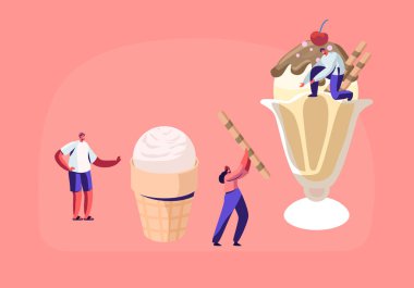 Tiny Karakterler Tatlılar ve Çilek ile Dondurma süsleyin. Lezzetli Tatlı Tatlı, Yaz Yemeği, Soğuk Yemek. Dondurma Farklı Türleri, Waffle Koni Krem Brulee Karikatür Düz Vektör İllüstrasyon