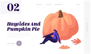 Kadın Karakter Büyük Kabak Açık, Sonbahar Sezon Kırpma, Güz Açık Etkinlik ve Çalışma, Hasat Web Sitesi Açılış Sayfası, Web Sayfası zaman harcama. Karikatür Düz Vektör İllüstrasyon, Afiş