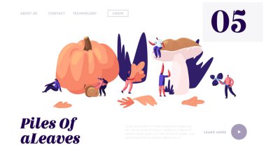 Mutlu İnsanlar Sonbahar Sezonunda Açık Havada Zaman Harcamak, Düşmüş Yapraklar Pick Up, Mantarlar, Çilek, Kabak, Meşe Palamudu Sonbahar Etkinliği. Web Sitesi Açılış Sayfası, Web Sayfası. Karikatür Düz Vektör İllüstrasyon, Afiş