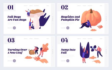 Sonbahar Sezonu Web Sitesi Açılış Sayfa Seti Açık, İnsanlar Düşmüş Yapraklar Pick Up, Mantarlar, Çilek, Kabak Kırpma, Palamut. Güz Açık Hava Etkinliği Web Sayfası. Karikatür Düz Vektör İllüstrasyon, Afiş