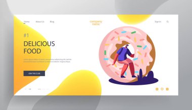 Fast Food, Pasta Web Sitesi Açılış Sayfası, Tiny Man Büyük Donut, Fırın, Sweet Treat, Şekerleme, Fastfood Açık Sokak Partisi, City Fest Web Sayfası oturan. Karikatür Düz Vektör İllüstrasyon, Afiş