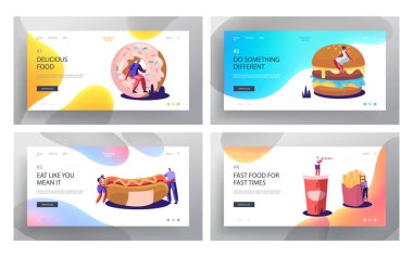 Fast Food Web Sitesi Açılış Sayfası Seti. Büyük Burger, Hardal, Patates Kızartması, Çörek, Soda İçecek ile Hot Dog. İnsanlar Street Cafe Web Sayfasında Abur Cubur Yiyor. Karikatür Düz Vektör İllüstrasyon, Afiş
