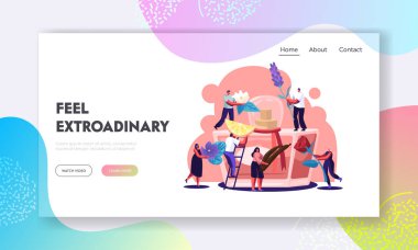 Parfümcü Karakterler Yeni Parfüm Koku Oluşturun Tuvalet Suyu ile Püskürtücü Şişe Malzemeler getirin. Kompozisyon, Parfümeri Web Sitesi Açılış Sayfası, Web Sayfası. Karikatür Düz Vektör İllüstrasyon, Afiş