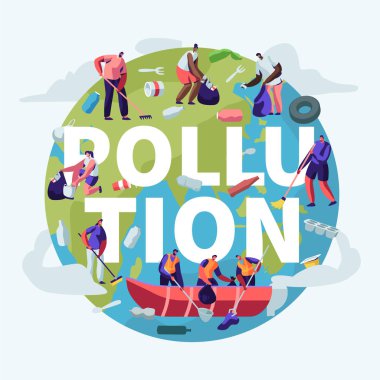 Kirlilik, Geri Dönüşüm, Ekoloji Kavramı. İnsanlar Rakes ile Planet Temizleme Dünya Yüzeyçöp kaldırma. Saving Planet, Çevre Afişi, Afiş, El İlanı, Broşür. Karikatür Düz Vektör İllüstrasyon