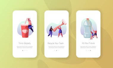 İnsanlar Karakterler Plastik Ambalaj Mobil App Page Onboard Ekran Seti kullanın. Hayır Plastik Paketleri, Plastik Atık azaltmak, Web sitesi veya Web Sayfası için Ekoloji Koruma Kavramı, Karikatür Düz Vektör İllüstrasyon