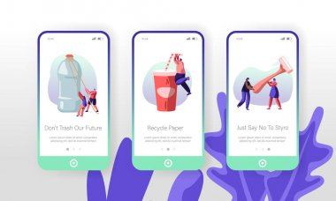 Web Sitesi veya Web Sayfası için Plastik Şeyler Kavramını Kullanan Kişiler Karakterleri. Su Şişesi, İçecek Bardağı, Tıraş Makinesi, Ürünleri Tüketen Mobil Uygulama Sayfası Onboard Ekran Seti Karikatür Düz Vektör İllüstrasyon