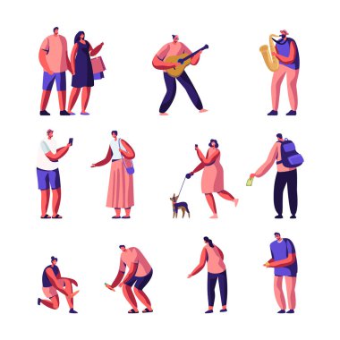 Sokak Müzisyenleri ve Yayalar Seti. Outdoor Show, Gitarist ve Saksafoncu Müzik Çalıyor, İnsanlar Konser İzle, Put Money in Hat, Photographing Musical Performance. Karikatür Düz Vektör İllüstrasyon