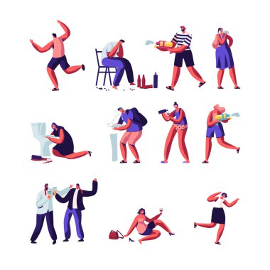 İçenler ve İnsanlar Su Tabancaları Seti ile Oynuyor. Alkol Bağımlılığı olan Karakterler, Sarhoş Erkek ve Kadınlar Yerde Yatan, Kusma, Sıcak Yaz Saati Sezon Hava Oyunları. Karikatür Düz Vektör İllüstrasyon